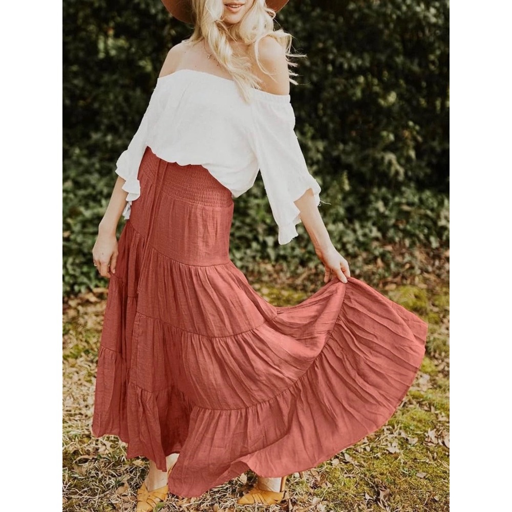 Haeof Orange Boho Maxi Skirt Women's Size Large Flowy Smocked Tiered Long Summer